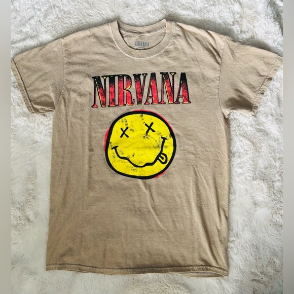 NIRVANA Yellow Happy Face Short Sleeve T-Shirt In Light Brown Tan Size Medium - Picture 1 of 3